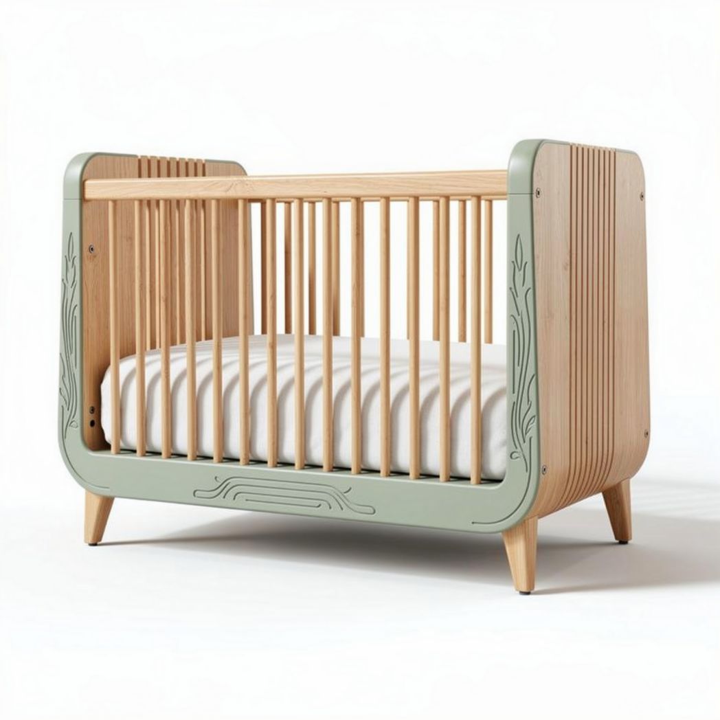 Wooden crib with green accents and natural finish dimensions 120 x 60 x 80cm