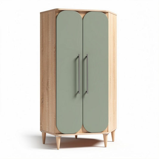 Corner wardrobe with green doors and wooden frame measuring 80 x 50 x 150cm