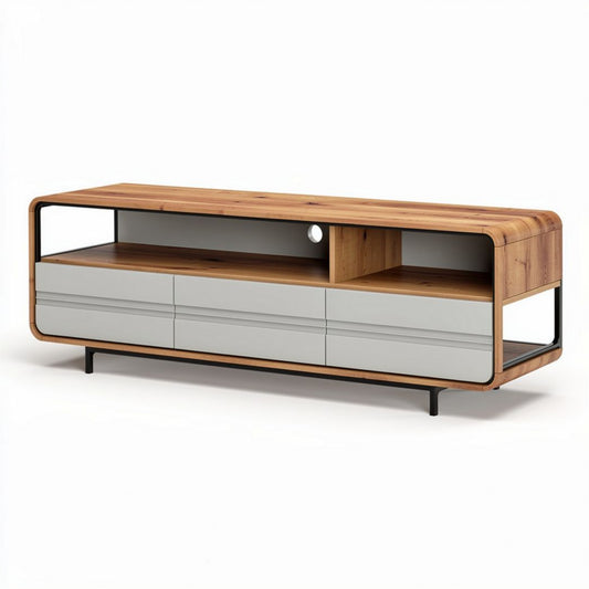 Wood and metal TV stand with storage drawers and open shelving 150 x 40 x 50cm