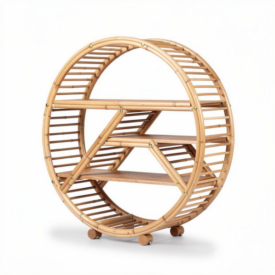 Bamboo circular shelf unit with wheels for living room storage 60 x 30 x 80cm