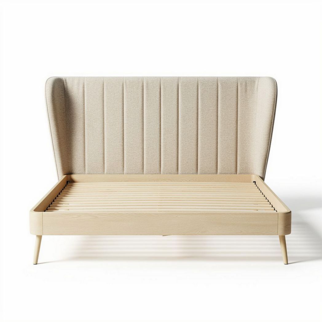 Upholstered bed frame with wooden slats and headboard in beige 210 x 160 x 100cm