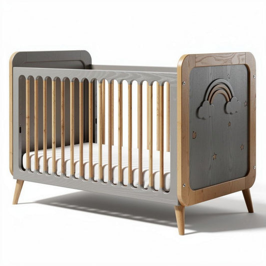 Crib with rainbow design in gray and natural wood dimensions 125 x 65 x 90cm