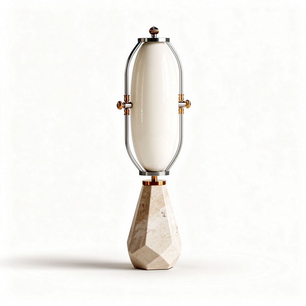 Metal and glass table lamp with geometric base in cream color 25 x 25 x 60cm