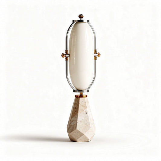 Metal and glass table lamp with geometric base in cream color 25 x 25 x 60cm