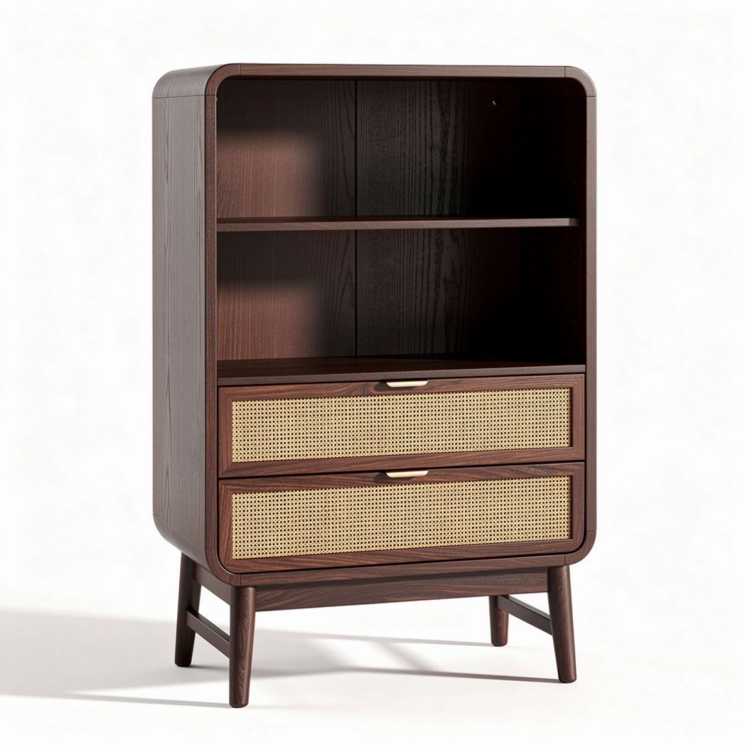 Wooden storage cabinet with cane drawers and open shelves 80 x 40 x 90cm