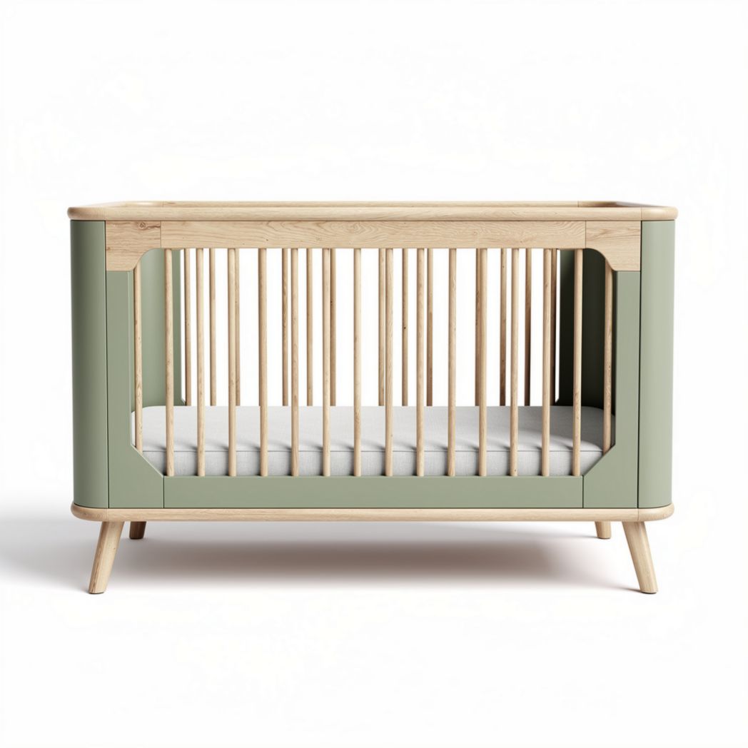 Wooden crib with green and natural finishes measuring 135 x 75 x 90cm