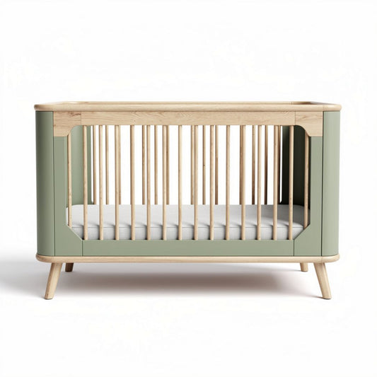 Wooden crib with green and natural finishes measuring 135 x 75 x 90cm