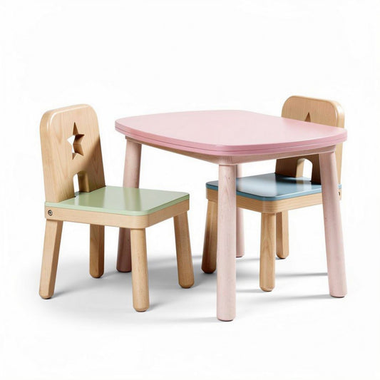 Wooden kids table and chair set with star design in pastel colors 50 x 40 x 50cm